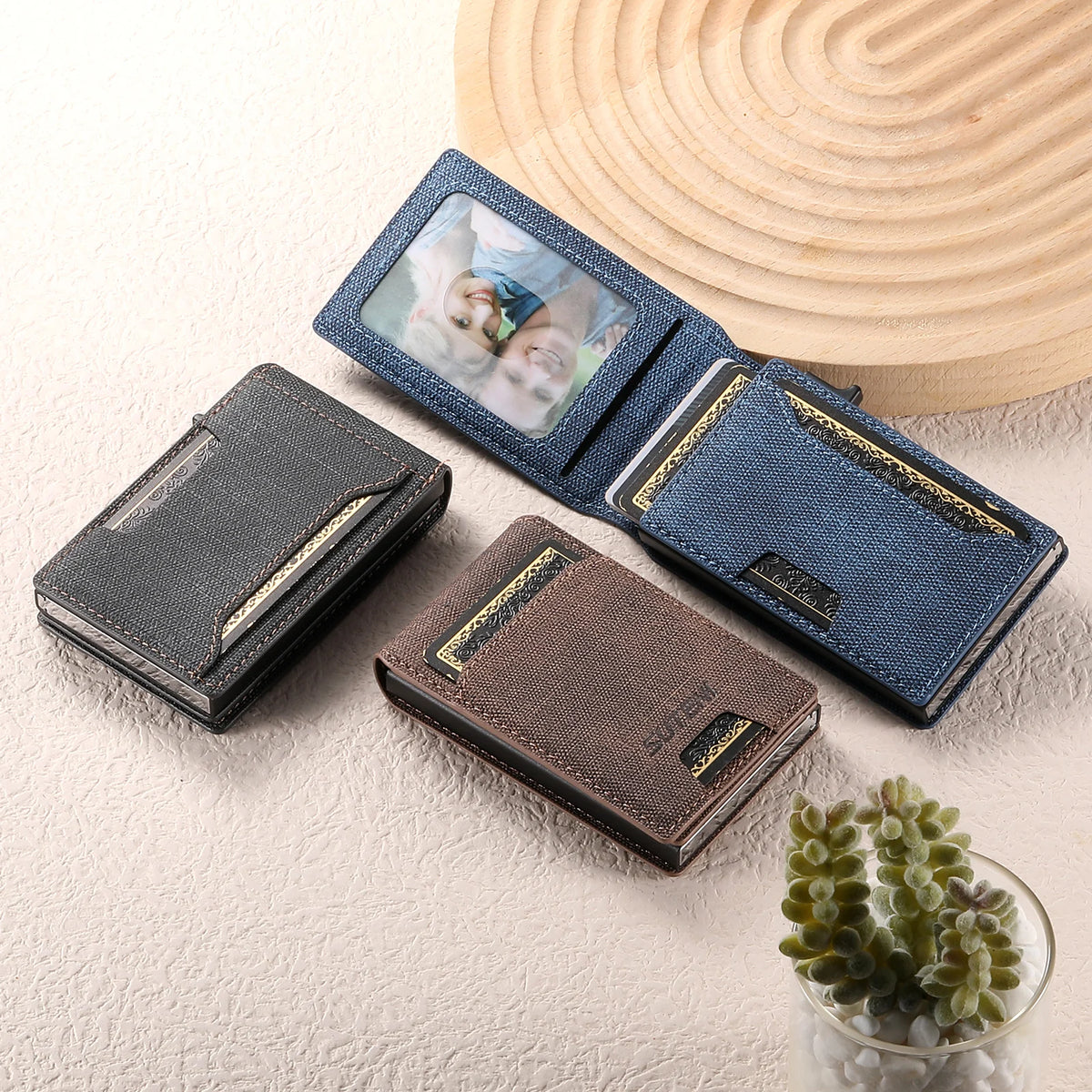 Push-out Card High Quality Faux Leather Card Holder Wallet Holder Large Capacity Can Hold 1-12 Cards 1 Photo Black/Brown/Blue