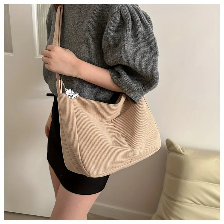 Women’s Corduroy Shoulder Bag, Casual Striped Large Capacity Tote with Zipper Closure, Cute Hat Patch, Perfect for Everyday Use