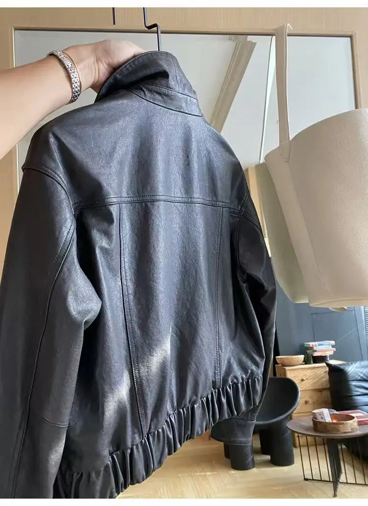 Genuine Leather Jacket for Women Sheepskin Leather Short Coat Female Collar Cropped Veste Woman Clothing Basic Daily Outfit