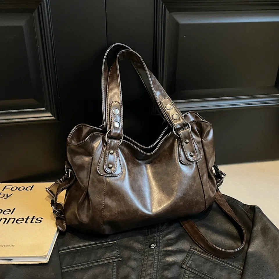 Retro Large Capacity PU Shoulder Bag for Women, Classic Solid Color Crossbody Tote Bag with Roomy Style