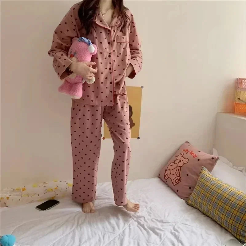 Spring and autumn new ladies' Korean pajamas home wear set for girls and students long-sleeved pajamas