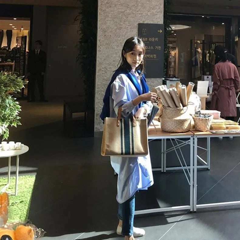 Women's Handbag Professional Commuter Stripe Simple Shoulder Large Bag Large Capacity Canvas Bag