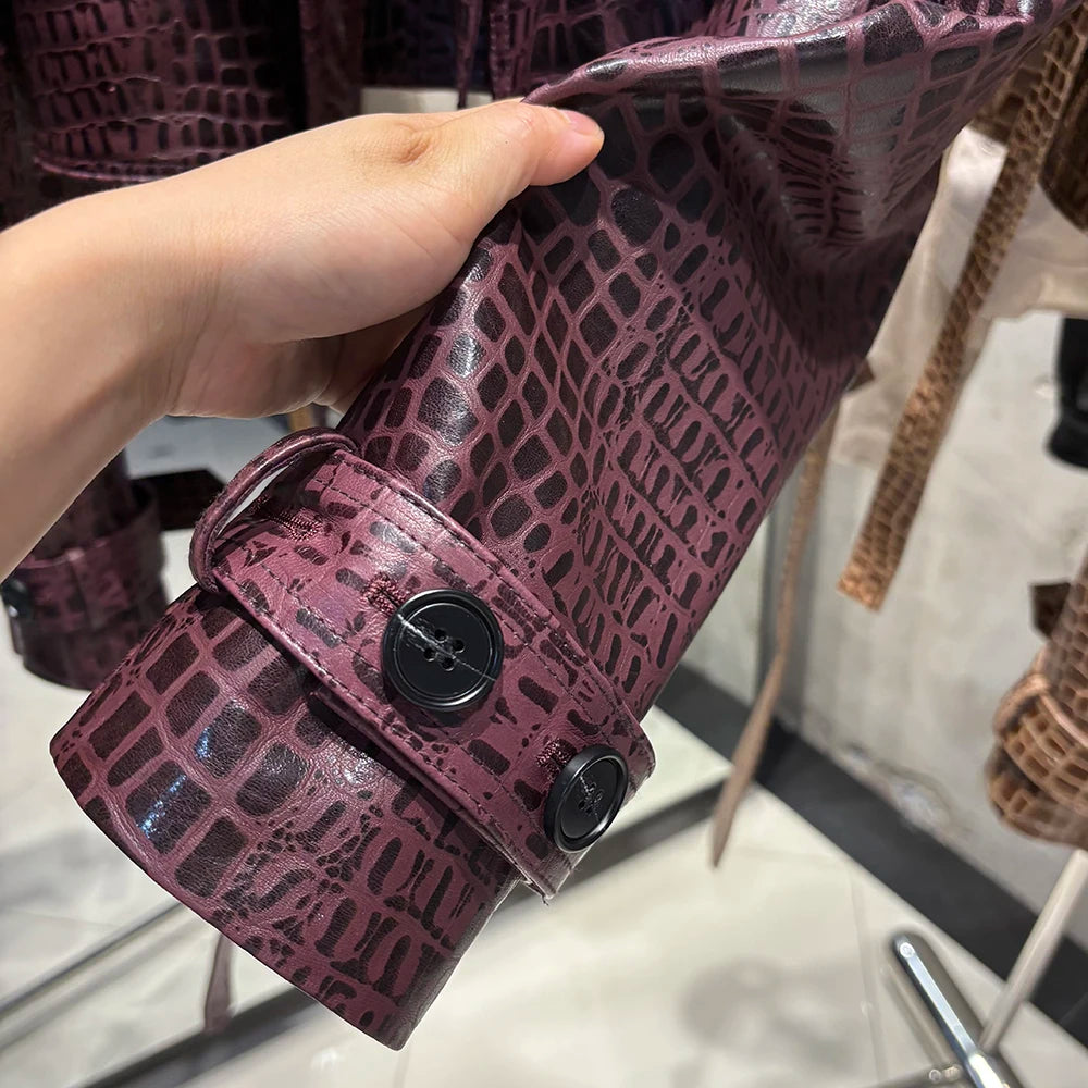 YOLOAgain Croc Pattern Real Leather Cropped Jacket Women Genuine Leather Jacket Female Streetwear
