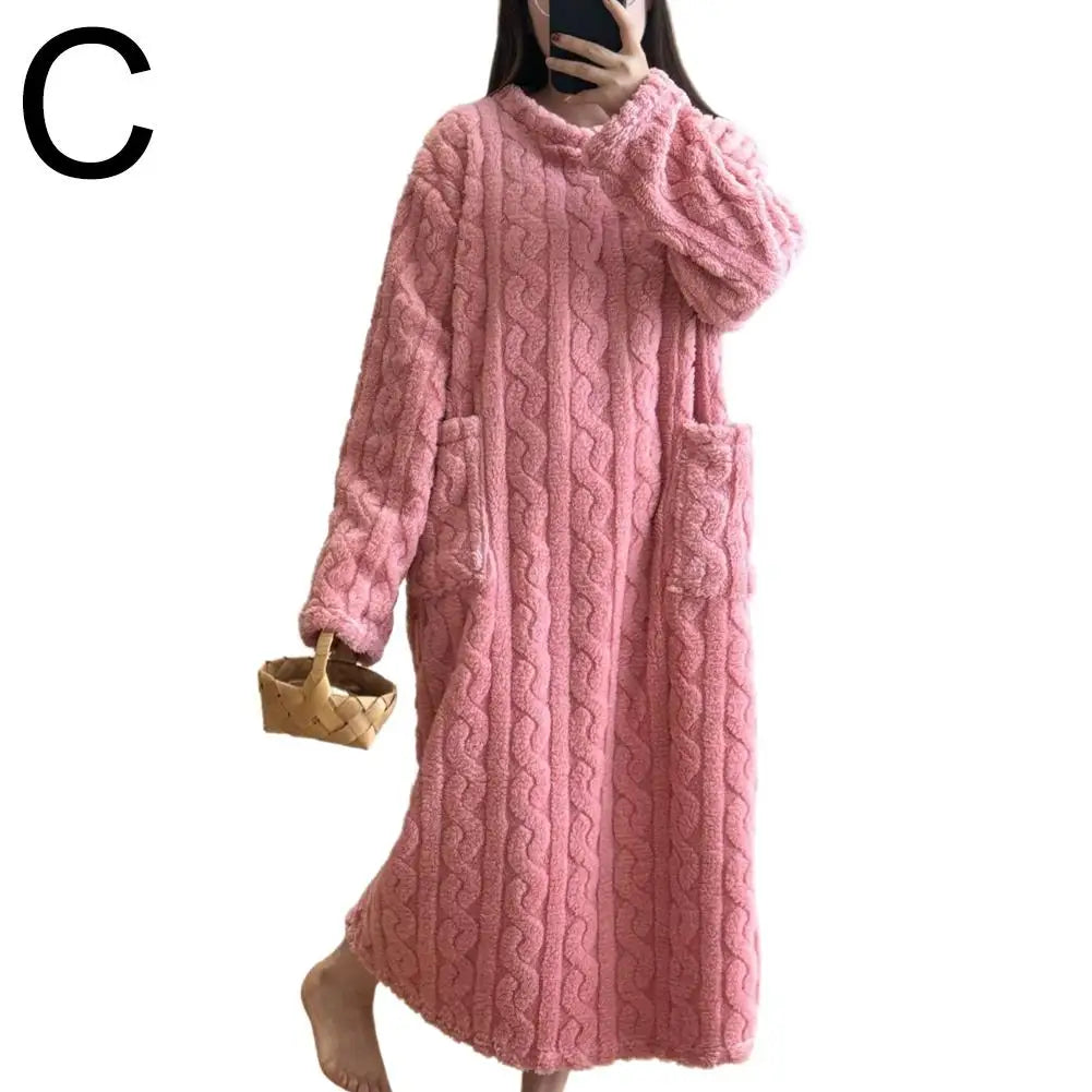 Coral Velvet Women's Nightgown Autumn And Winter Long Sleeve Double Pocket Flannel Nightgowns Women Loose Solid Sleepwear