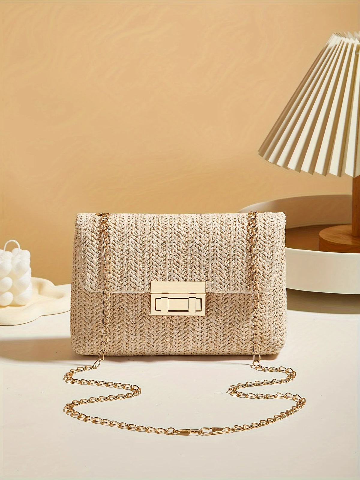 Woven Straw Handwoven Women's Shoulder Bag, Fashion Solid Color Crossbody Purse with Lock Closure