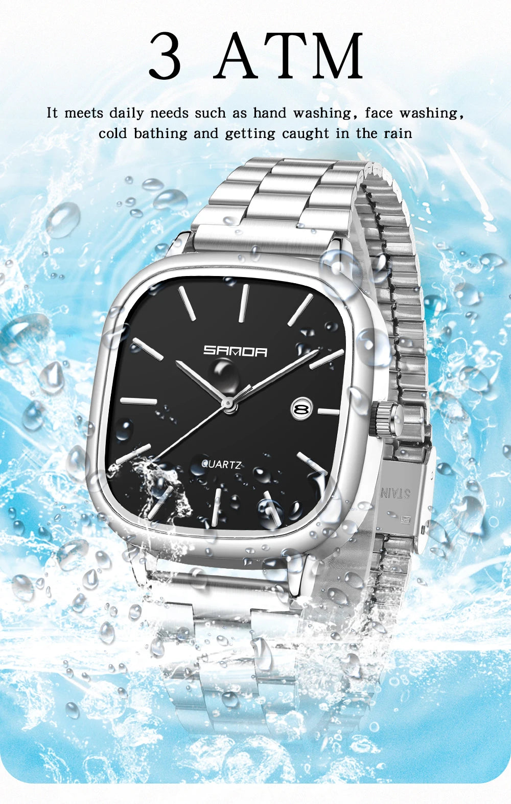 Sanda 2026 Couple Quartz Watch Men's and Women's Square Watch 3ATM Waterproof Calendar Simple and Elegant Women's Watch 3278