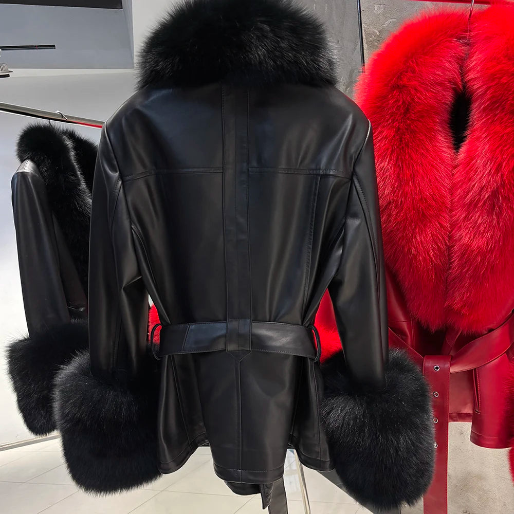YOLOAgain Women's Real Fox Fur Collar Sheepskin Leather Jacket Coat Autumn 2025