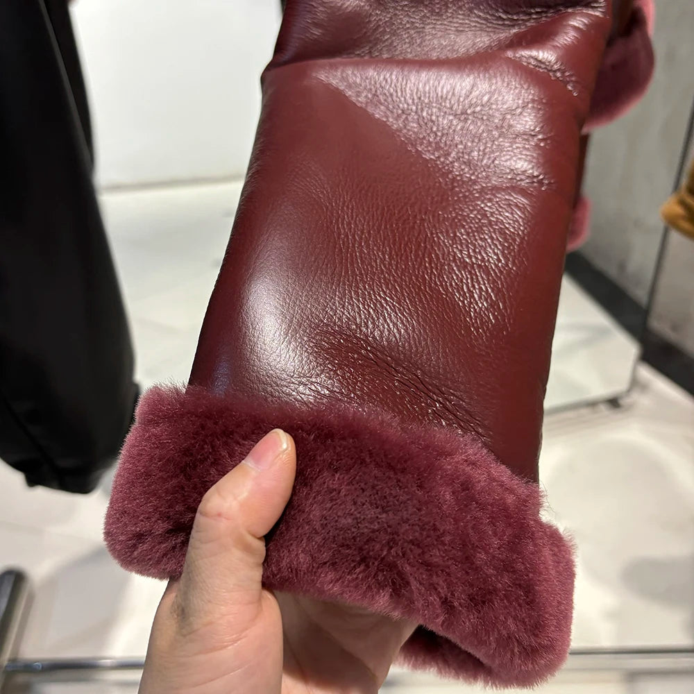 YOLOAgain Burgundy Shearling Jacket With Hood Women 2025 Winter Real Leather Jacket Coat