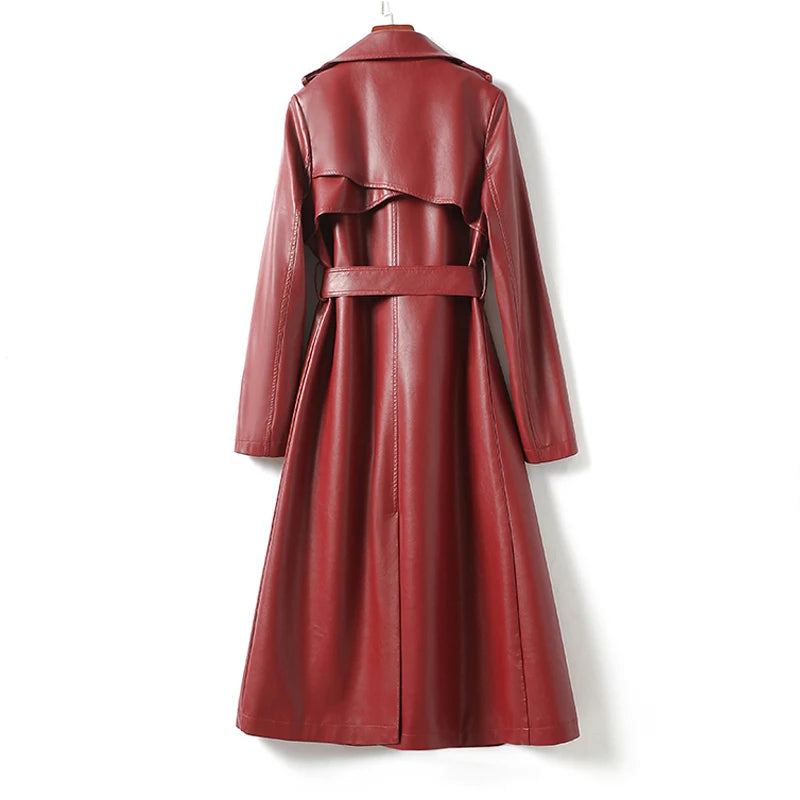 Vintage Wine Red Women's Split Sheep Leather Trench Coats Fashion Double-breasted Lace-up Belt Ladies Mid Long Sheepskin Outwear