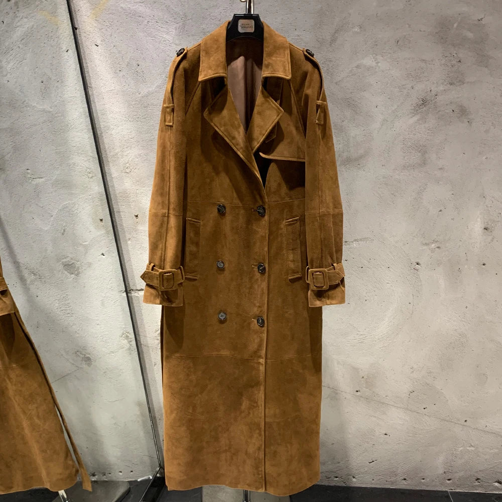 Long  Suede Leather Coat Ladies Real Sheepskin Coat Genuine Sheep Leather Windbreak Long 2385