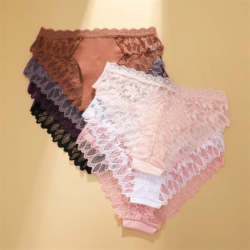 FINETOO 3Pcs Lace Hollow Out Underwear for Women Sexy Low-Waist Floral Briefs Female Invisible Breathable Lingerie Soft Intimate