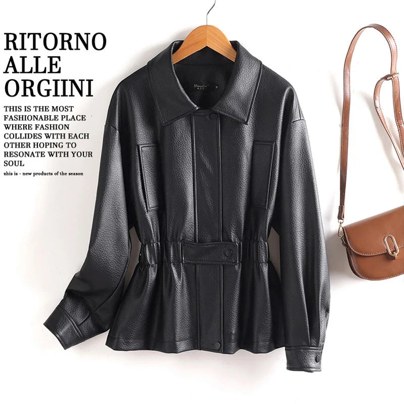 New Women Split Leather Jacket Spring Autumn Fashion Turn-down Collar Stretch Adjustable Waist Short Coat Casual Leather Jacket