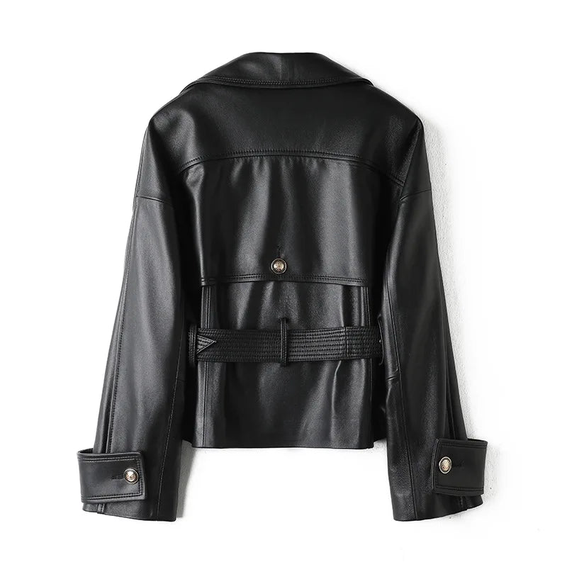 Leather Jacket for Women Spring Double-Breasted Belt Waist Closing Slim Ceket Kadın Imported Sheepskin Loose Short Trench Coat