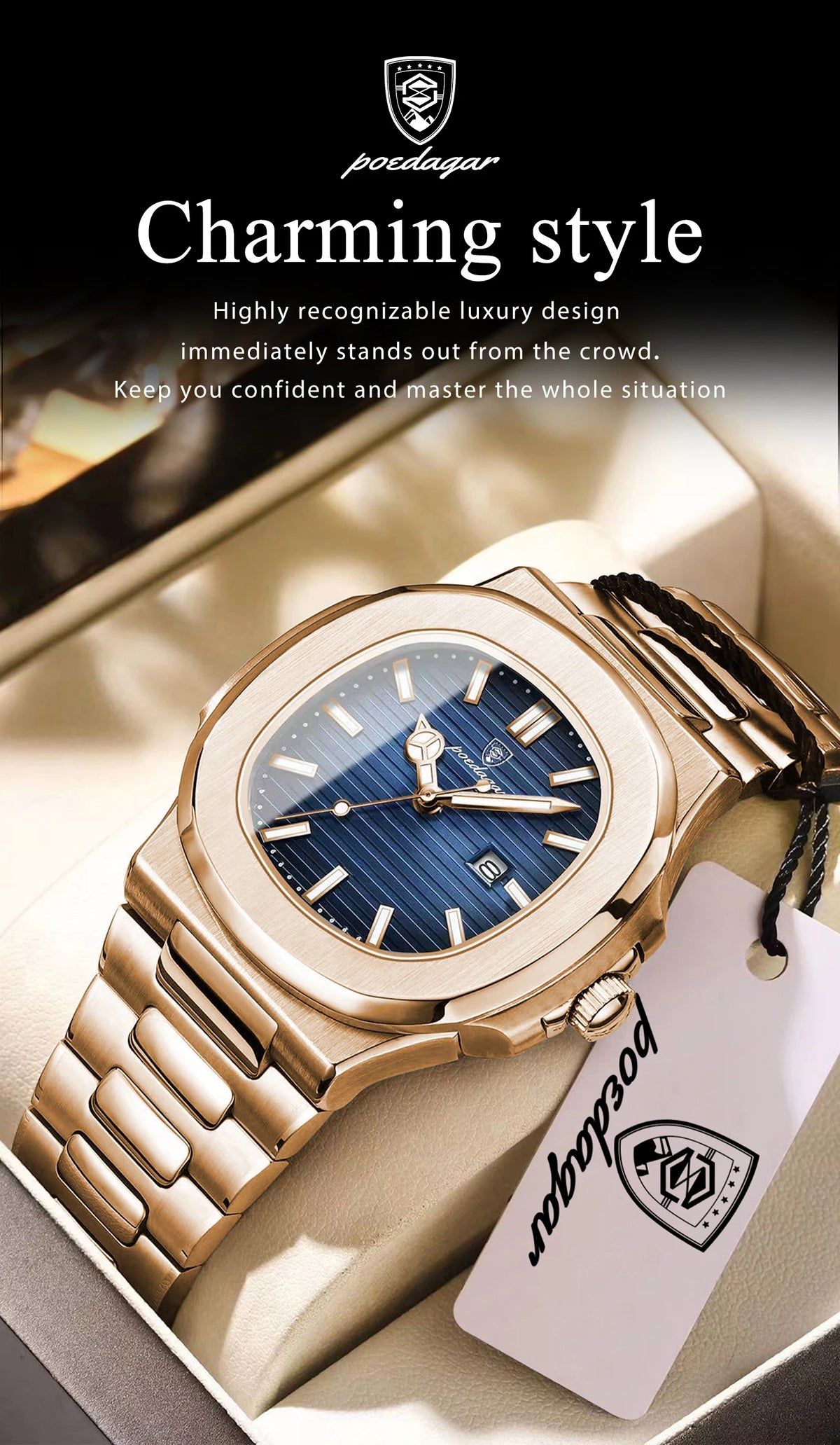 POEDAGAR Fashion Couple Watch Waterproof Luminous Date Stainless Steel Quartz Love Wristwatch Square Watches for Boyfriend Gift