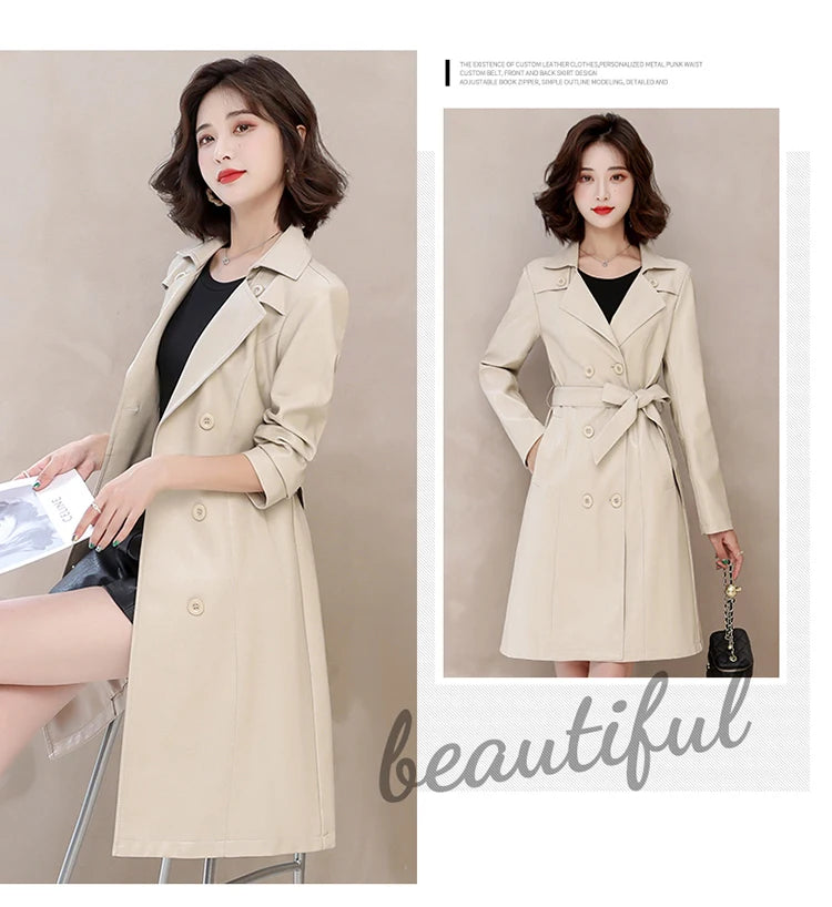 2026 Spring Autumn Sheep Leather Long Trench Coat Women Double Breasted Slim Trench Coat Female Outwear Fashion Windbreaker