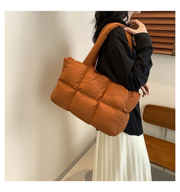 Quilted Plaid Bag Women Tote Handbags Retro Trendy Checkered Waterproof Shoulder Bag Solid Color Winter Soft Large Capacity Bags