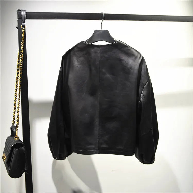 Autumn Puff Sleeve Genuine Leather Jacket Women 100% Sheepskin Collarless Cardigan Casacas Loose Small Short Blouson Cuir Femme