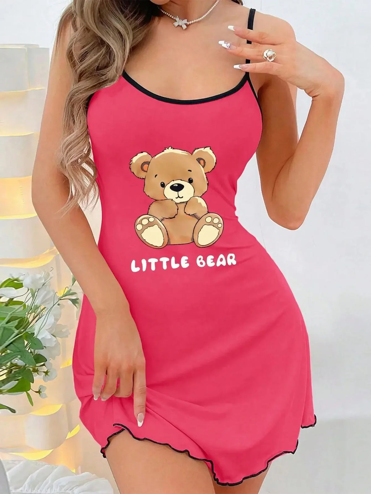2026 New Women's Autumn Home Clothes Printed Cute Bear Strap Skirt Off Shoulder Pajamas Home Fashion Contrast Ruffle Edge Dress