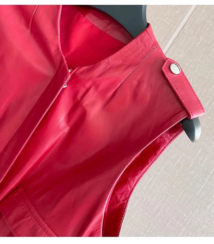 Women's Slim Waist Red Genuine Leather Vest Sleeveless Casual Jacket Short Style Versatile for Spring Autumn