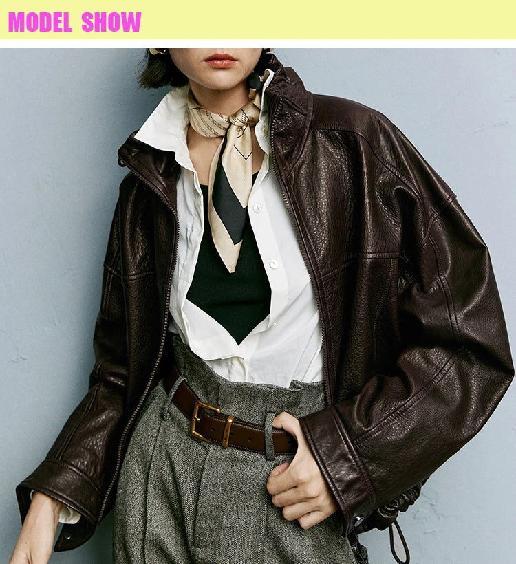 Real Leather Jacket Women Autumn High Stand Collar Drawstring Double Zippers Locomotive Retro Short Sheepskin Coat Kurtka Damska