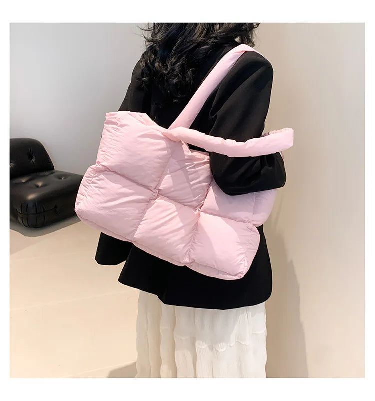 Quilted Plaid Bag Women Tote Handbags Retro Trendy Checkered Waterproof Shoulder Bag Solid Color Winter Soft Large Capacity Bags