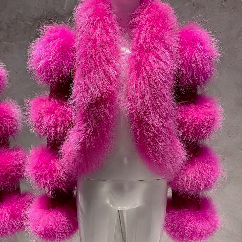YOLOAgain Women's Natural Fox Fur Jacket Real Leather Cropped Jacket Streetwear