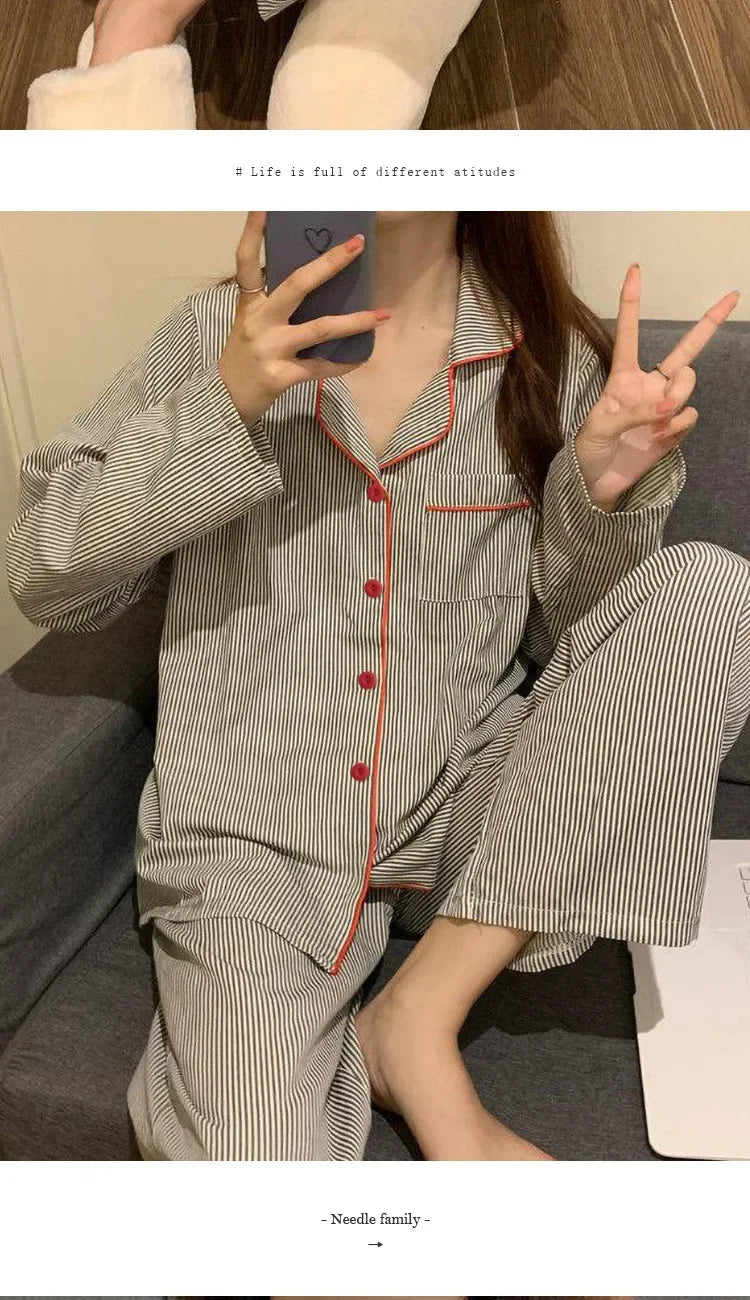 Pajamas Women Long Sleeve Trousers Summer Grey Cardigan Striped Sleepwear Loungewear Two Piece Set Ladies Nightwear Homewear