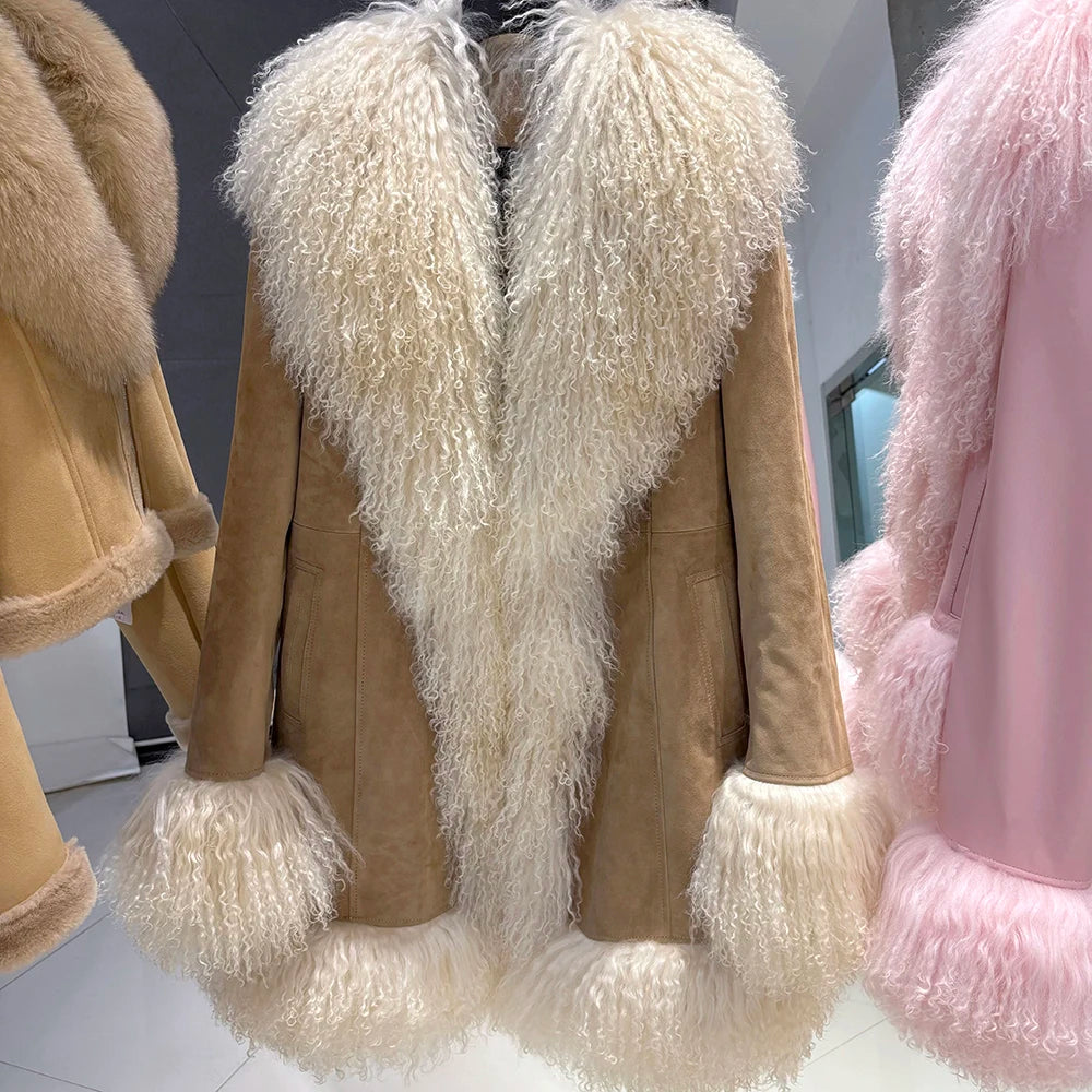YOLOAgain Mongolia Sheep Fur Jacket Women Real Leather Coat Suede Jacket