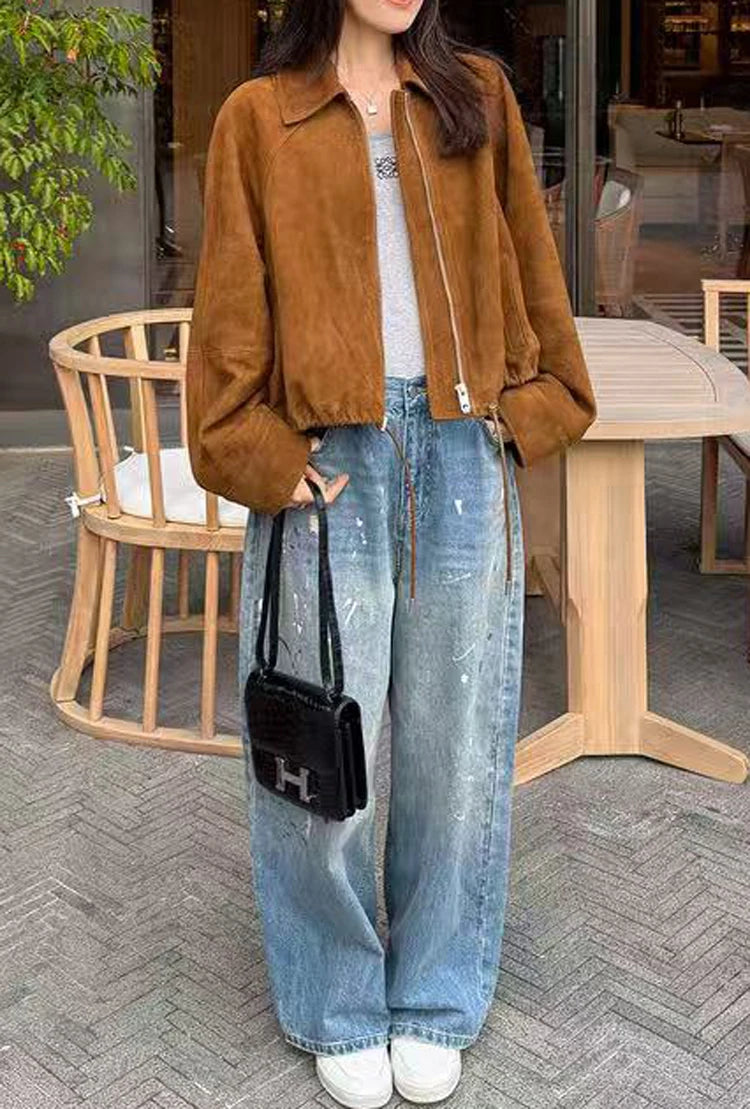 Suede Leather Flower Bud Jacket for Women Trendy Kid Suede Drawstring Silhouette Short Coat Streetwear Chill Casaco Feminino