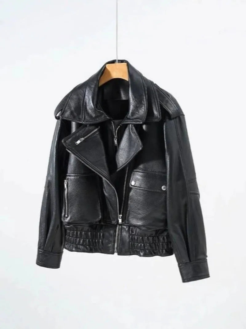 Punk Women Vintage Genuine Leather Jacket Lapel Streetwear Motorcycle Short Coat Loose Fit High Quality Real Sheepskin Outerwear
