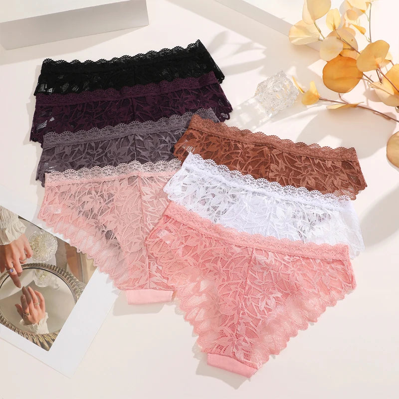 FINETOO 3Pcs Lace Hollow Out Underwear for Women Sexy Low-Waist Floral Briefs Female Invisible Breathable Lingerie Soft Intimate