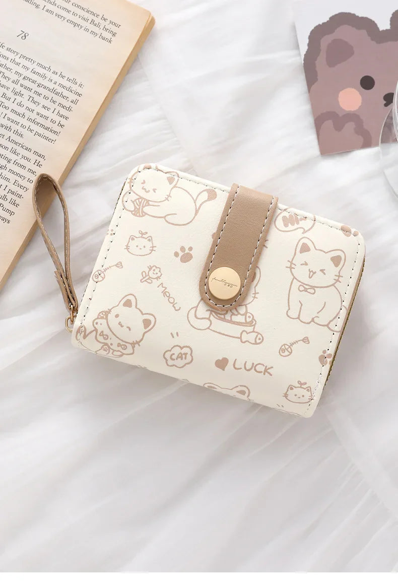 1pc Cute Cat Cartoon Coin Purse Girls Short Wallet PU Leather Large Capacity Lightweight ID Card Holder Mini Wallet Fashion
