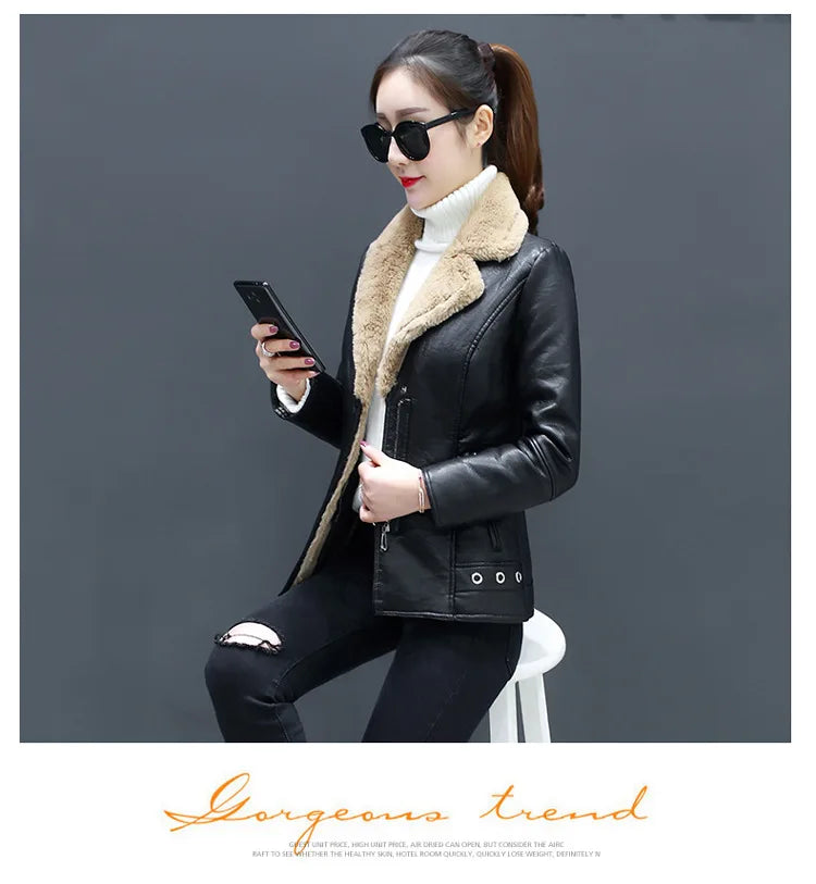 Women's Biker Style Thickened Short Leather Jacket Autumn Winter Street Fashion PU Material Versatile Outerwear Coat