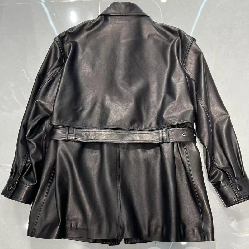 Winter Genuine Leather Outwears For Women High Quality Female Large Pocket Epaulet Belt Mid Long Jacket Female Warm Windbreaker