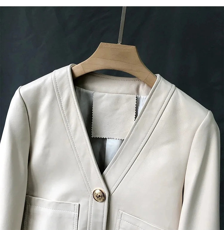 Genuine Sheepskin Casacas Para Mujer Women Casual V-neck Short Khaki/White/Black Leather Jacket Feminino Slim Tops Trendy Pocket