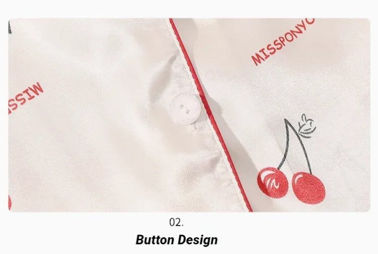 Cherry Print Silk Pajamas Set For Women Summer Short Sleeve Shirt And Shorts Two Pieces Sleepwear Homewear Nightwear