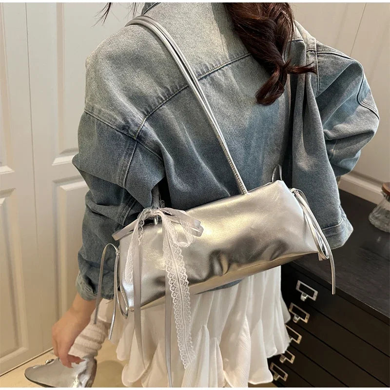 French Elegant Square Bag Korean Bow Decoration Pu High-quality Bag Niche Simple Ballet Style Shoulder Bag New Casual Women Bags