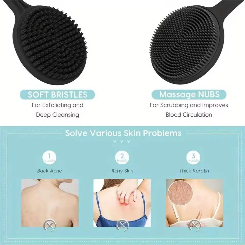 1pc Silicone Back Scrubber Brush for Shower Long Handle Body Deep Cleansing and Exfoliating Massage Double-Sided Soft Bristles