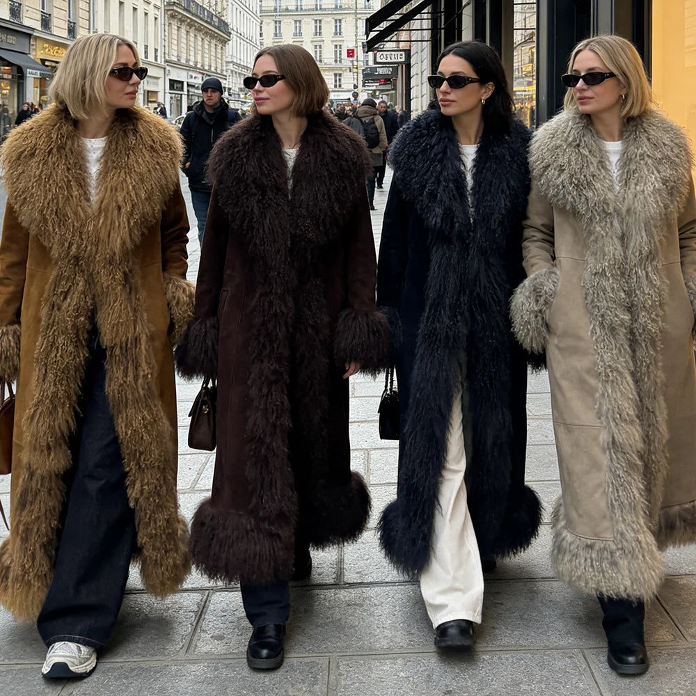 YOLOAgain Mongolia Sheep Fur Collar Real Leather Coat Women Suede Jacket 2025 Winter Outerwear