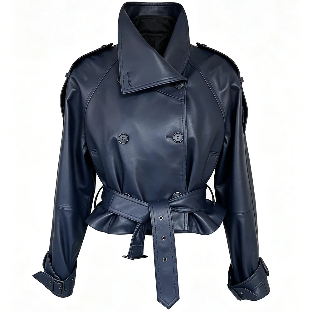 YOLOAgain Funnel Neck Real Leather Jacket Women Double Breasted Suede Jacket With Belt Streetwear