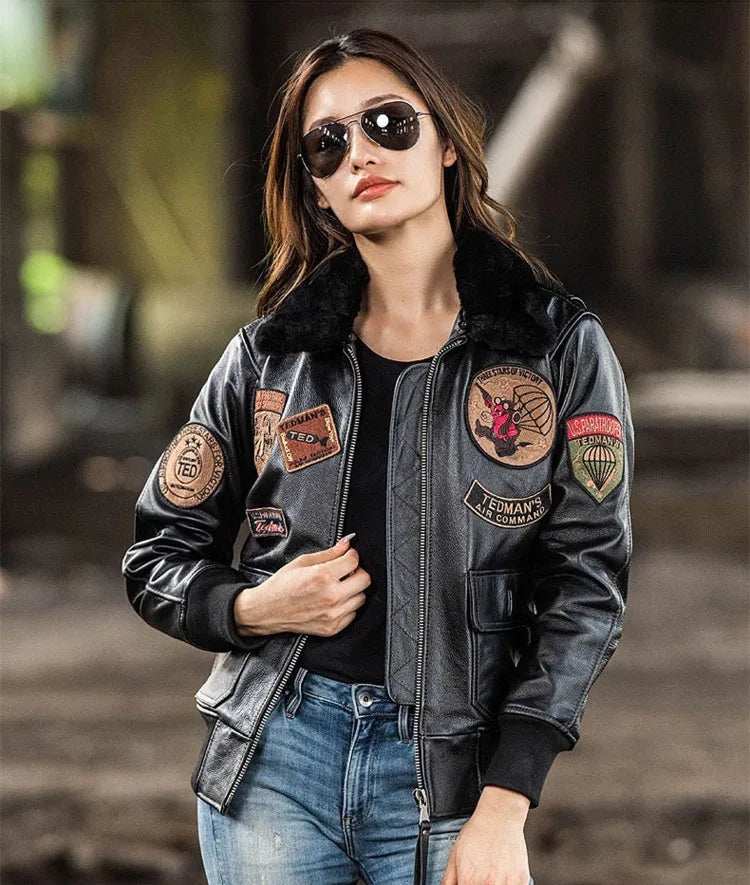 Dark Brown G1 Pilot Leather Jacket Women Military Style Plus Size 3XL Natural Cowhide Autumn Aviation Genuine Leather Coats