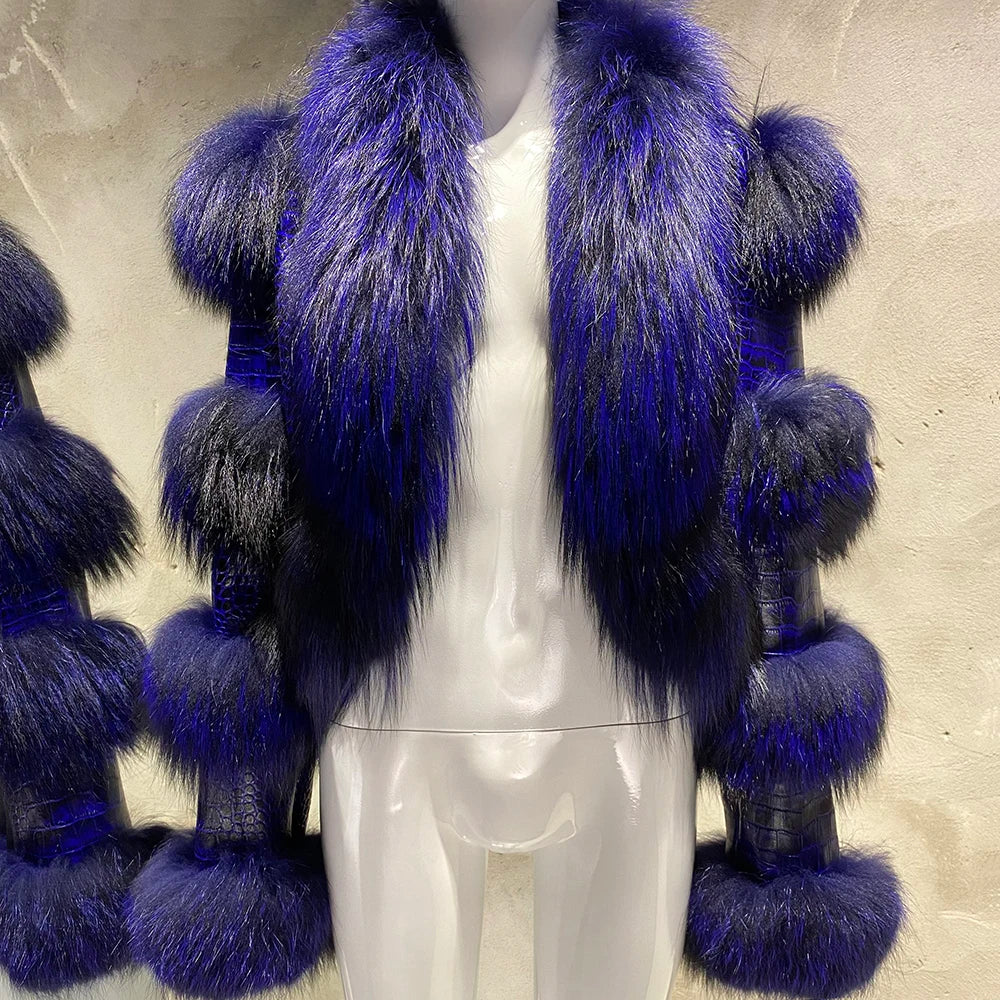 YOLOAgain Women's Natural Fox Fur Jacket Real Leather Cropped Jacket Streetwear