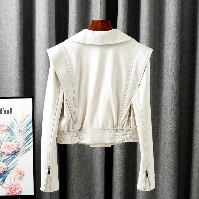 Jacket For Women 2025 New European Genuine Leather Coat Female Zipper Large Lapel Short Oversize Locotive Whtie Jaqueta Feminina