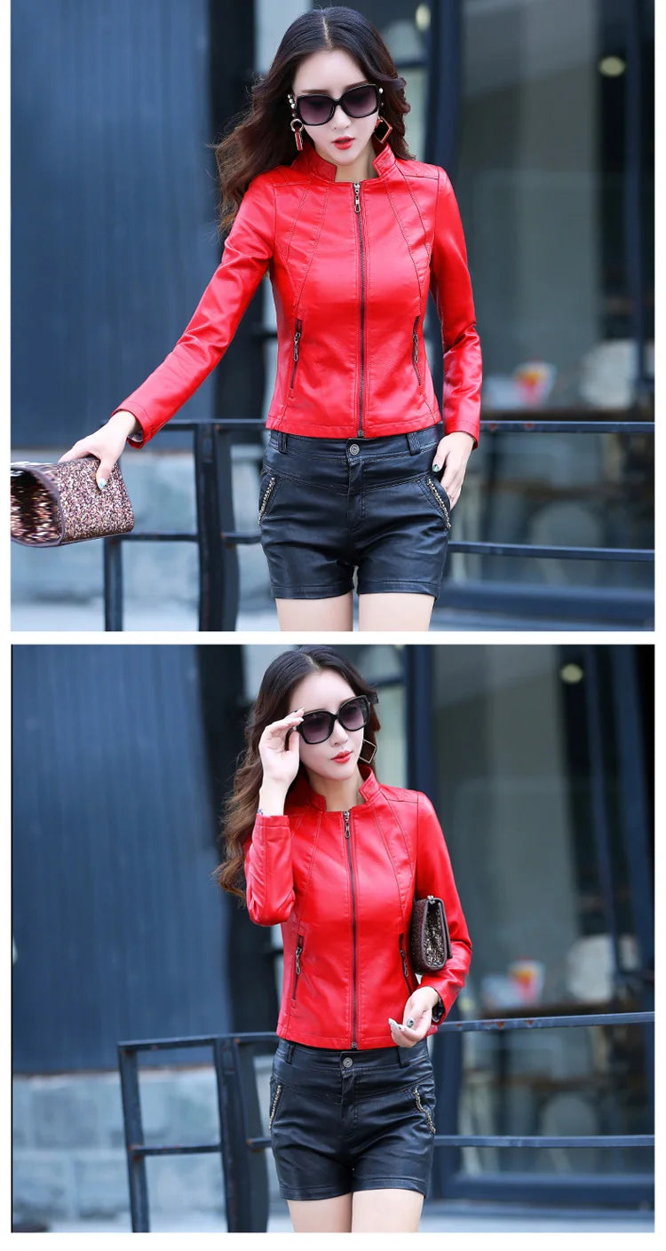 New Women Spring Autumn Leather Jacket Fashion Small Stand Collar Long Sleeve Slim Sheepskin Jacket Split Leather Short Coat