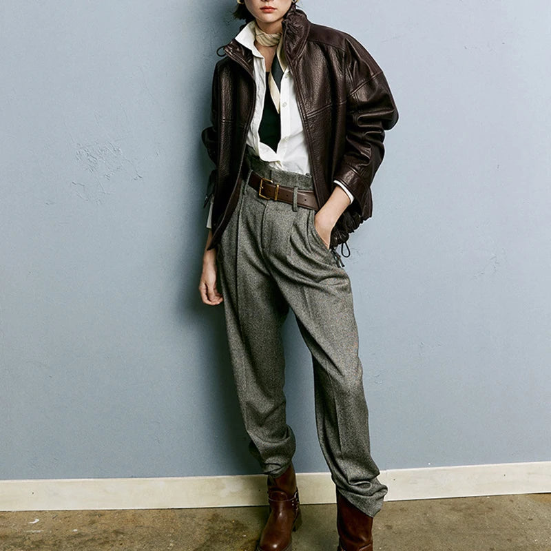Real Leather Jacket Women Autumn High Stand Collar Drawstring Double Zippers Locomotive Retro Short Sheepskin Coat Kurtka Damska
