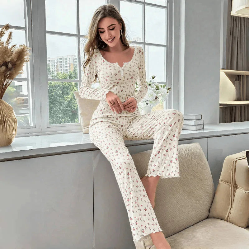 Sleepwear Women Floral Print Lettuce Trim Top with Long Pant Lovely Loungewear Full Sleeve Nightwear Spring Autumn Pajamas Set