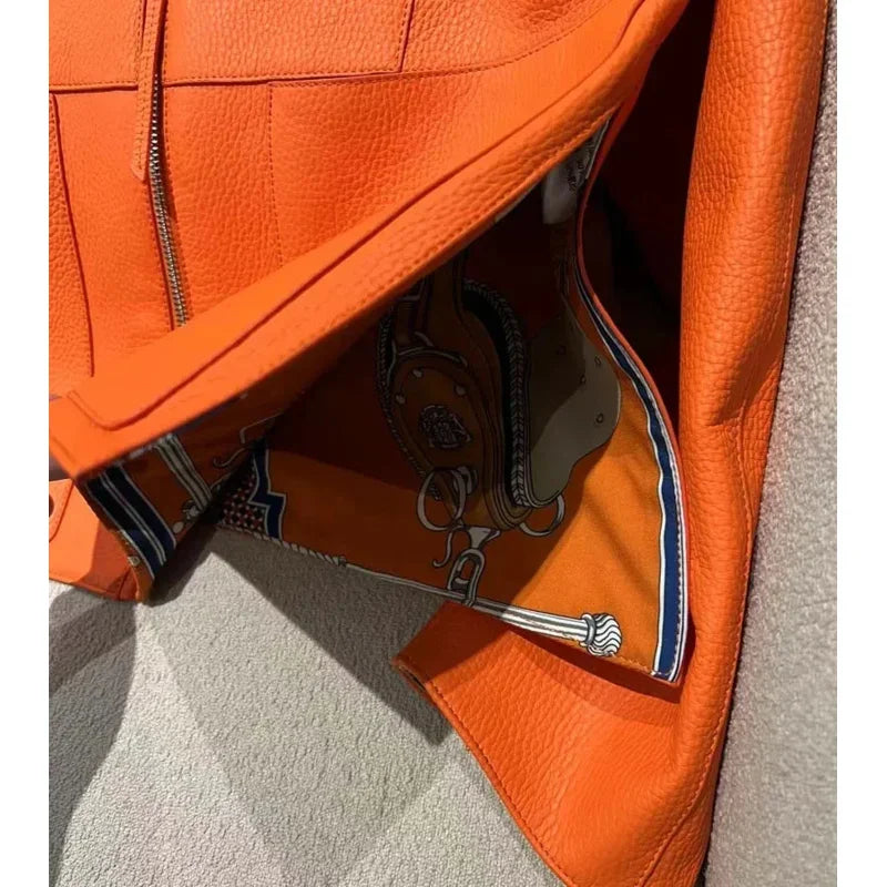 New Fashion 2026 Women Coat Spring Orange Import Real Sheepskin Jacket Floral Pattern Lining Short Length Big Pockets