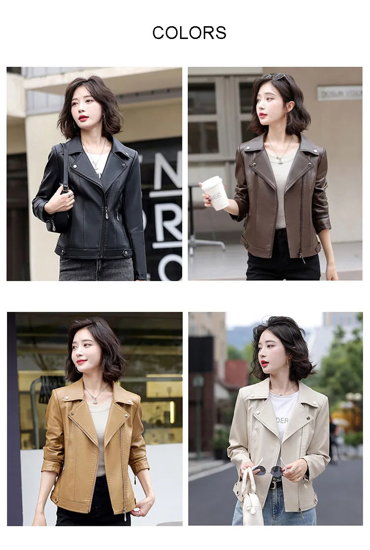 New Women Spring Autumn Leather Jacket Fashion Suit Collar Long Sleeve Motorcycle Jacket Casual Short Biker Coat Split Leather