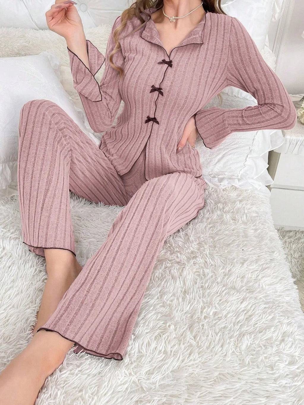 2-Piece Women's Autumn and Winter Pure Color Elegant Bow Women's Simple Long-Sleeved Pants Pajama Set Leisure home clothing