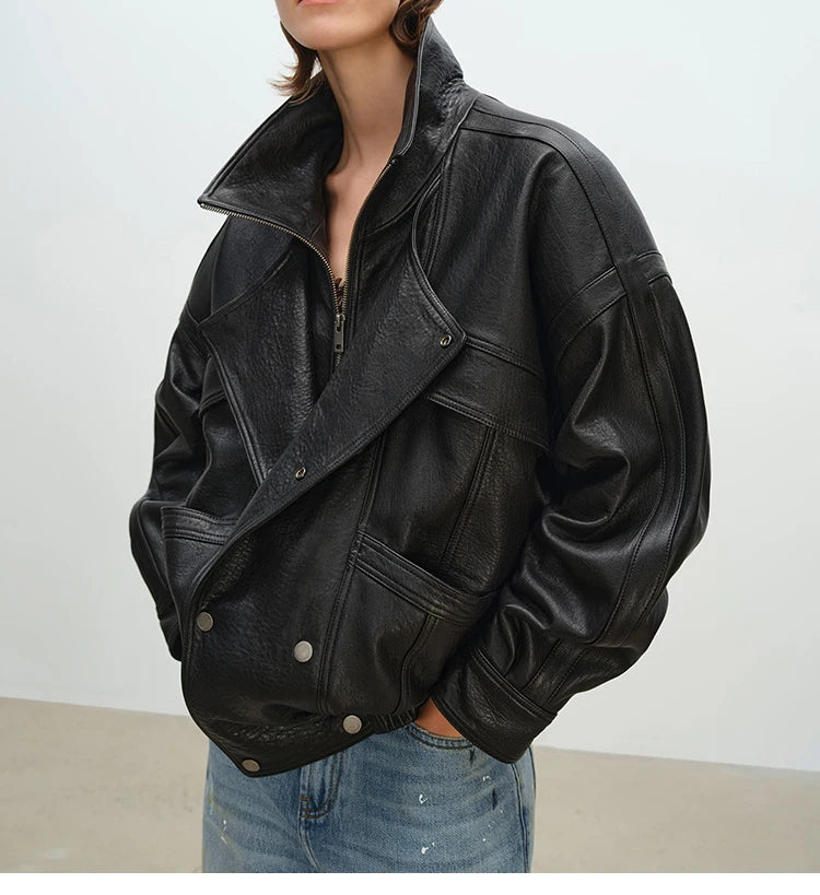 Brown Sheepskin Bubble Skin Coat Female Retro Double Layer Collar Double Breasted Zipper Loose Leather Jacket Winter Outerwear